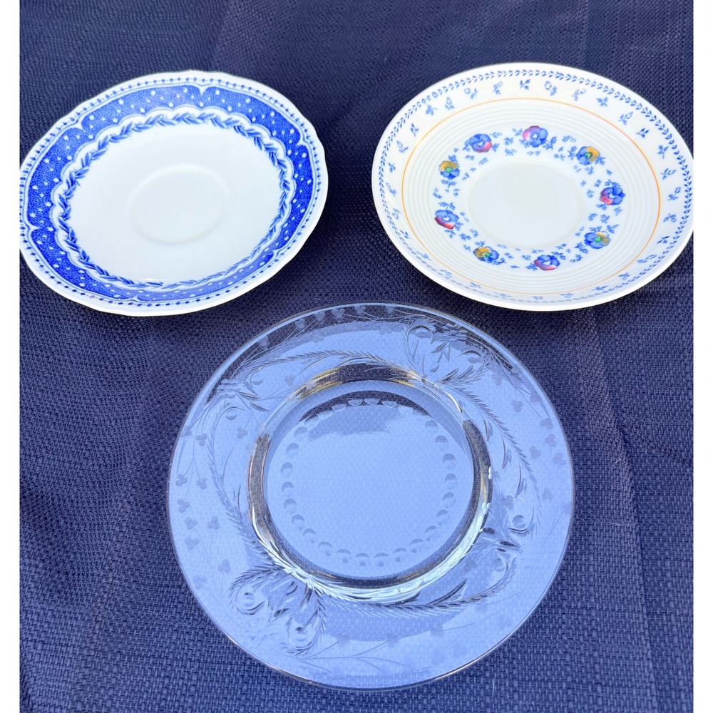 Vintage 3pc Saucer Plate Set Grindley Avon Woods Sunny Brook & Etched Glass 6in